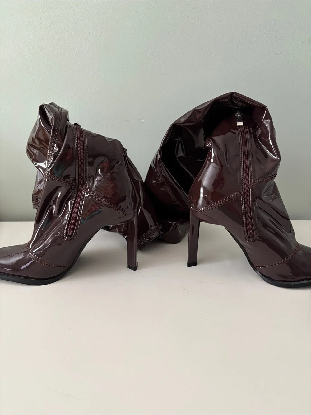 Patent Over-the-Knee Stiletto Boots in Dark Brown